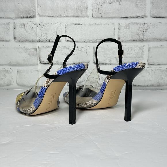 Zara Maximalist Snake Skin Vinyl Slingback Heels Yellow Blue Animal Print Sz 37 - Picture 6 of 8